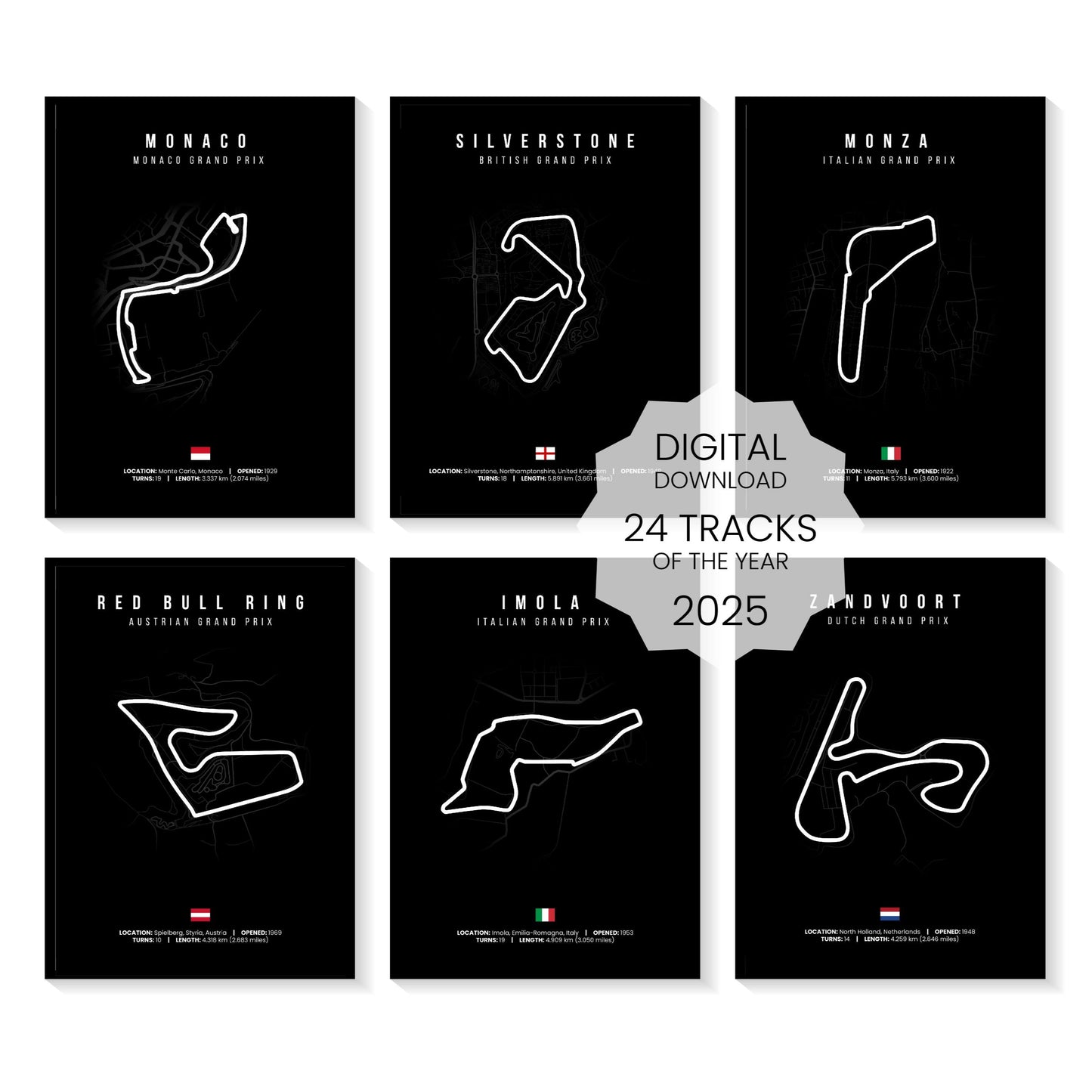 Formula 1 Wall Art, Set of 24 F1 Circuit Posters Black Edition